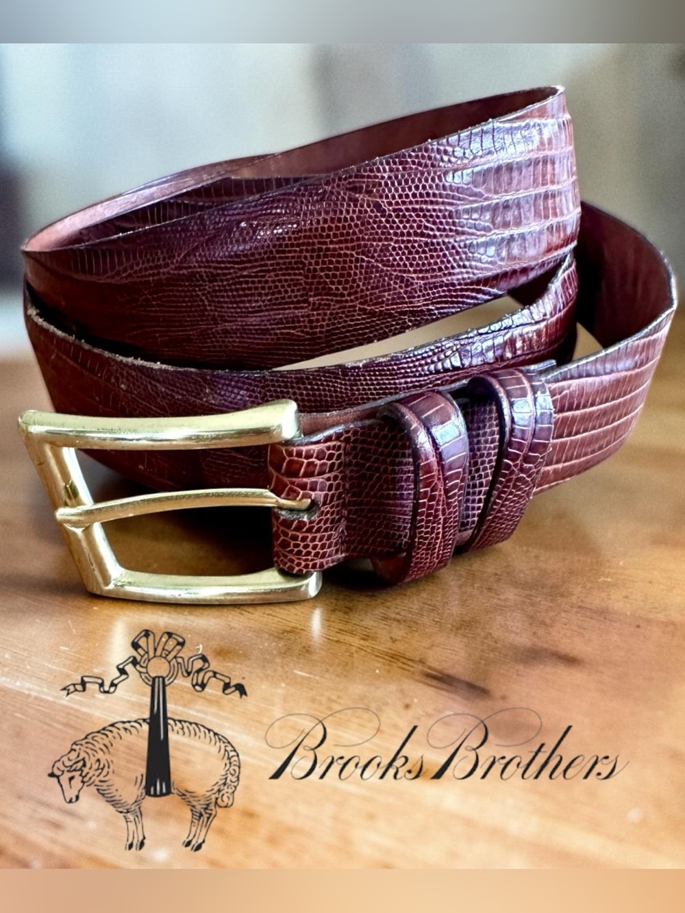 Vintage Brooks Brothers Men’s Crocodile Embossed Leather Belt • Size 42 • Cognac